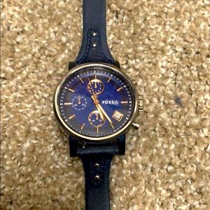 Navy leather and rose gold chronograph watch